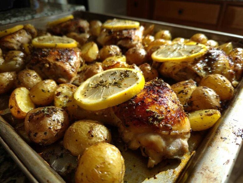 Close-up of golden brown Sheet Pan Lemon Pepper Chicken and Potatoes garnished with lemon slices and herbs.