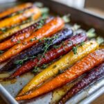 Close-up of glossy Sheet Pan Roasted Rainbow Carrots with Honey and fresh thyme sprigs on a baking sheet.