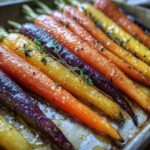Close-up of vibrant Sheet Pan Roasted Rainbow Carrots with Honey glistening on a baking sheet, garnished with thyme.