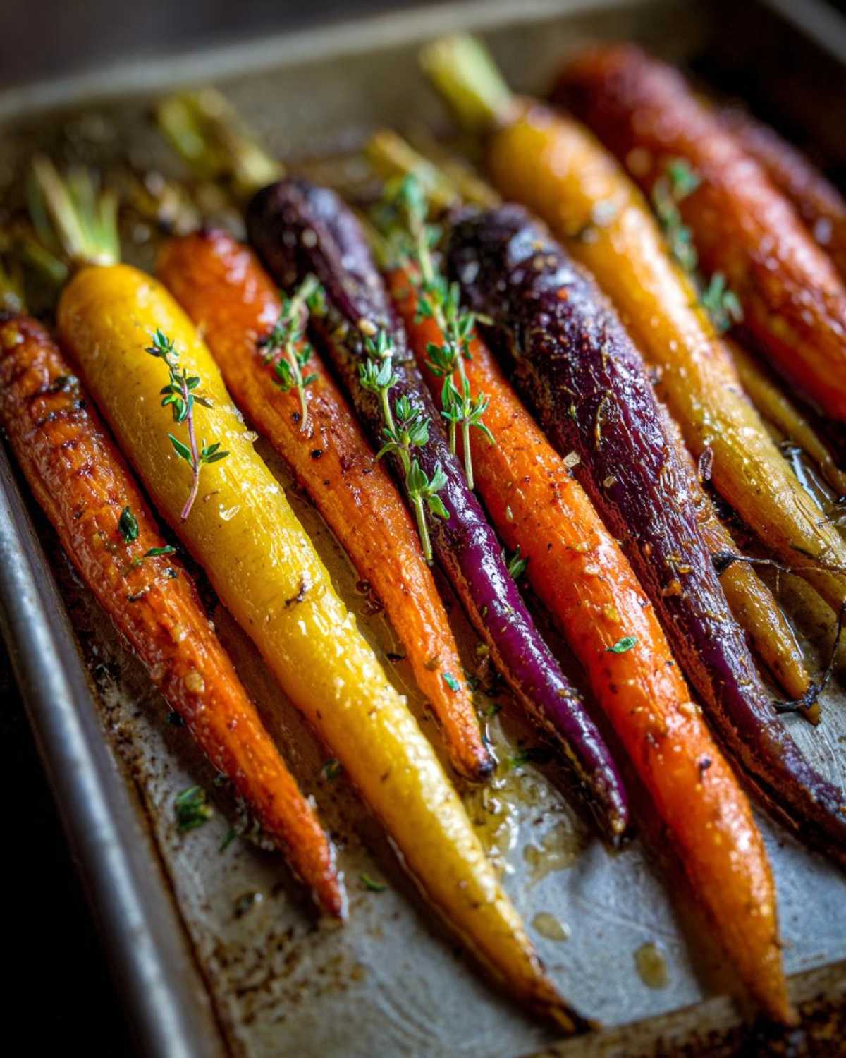 Close-up of vibrant Sheet Pan Roasted Rainbow Carrots with Honey, glistening with glaze and topped with fresh thyme.