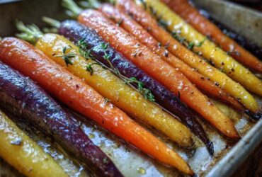 Close-up of vibrant Sheet Pan Roasted Rainbow Carrots with Honey glistening on a baking sheet, garnished with thyme.