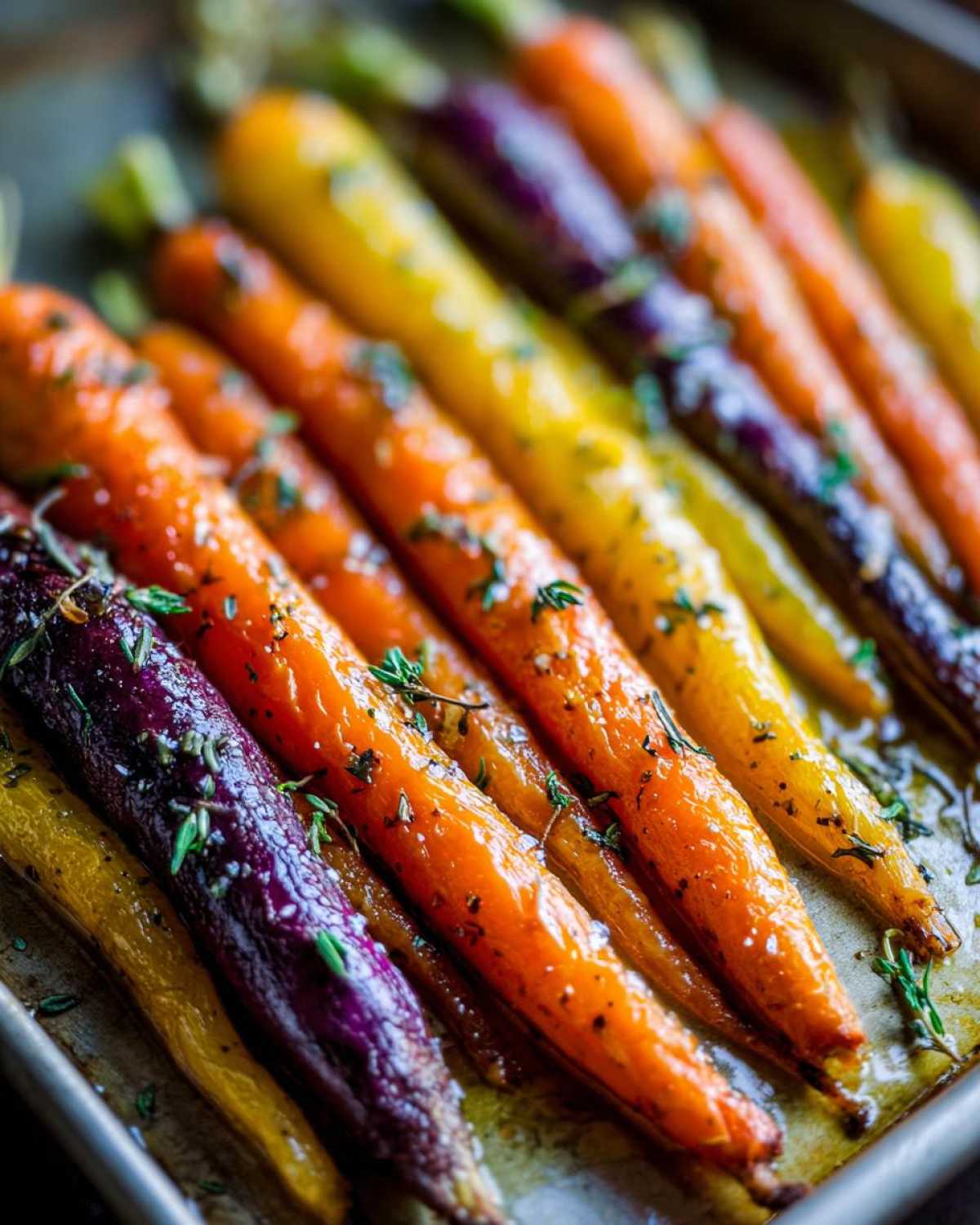 Close-up of glossy Sheet Pan Roasted Rainbow Carrots with Honey, seasoned with herbs on a baking sheet.