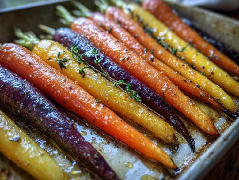 Close-up of vibrant Sheet Pan Roasted Rainbow Carrots with Honey glistening on a baking sheet, garnished with thyme.