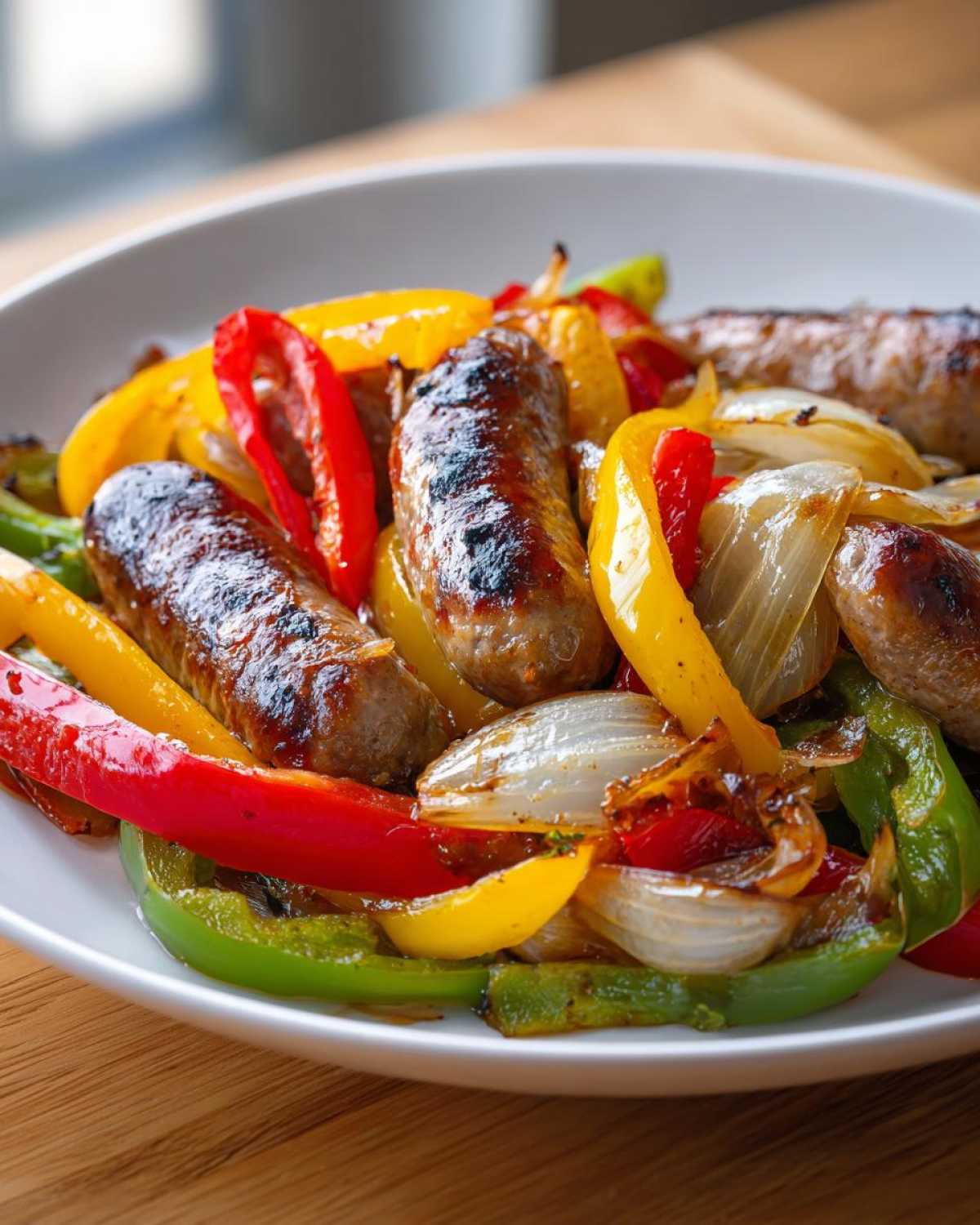 Close-up of grilled sausages mixed with colorful roasted peppers and onions from Sheet Pan Sausage and Peppers.
