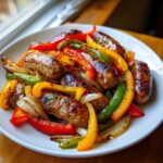 Close-up of grilled Sheet Pan Sausage and Peppers with colorful sliced onions and bell peppers.