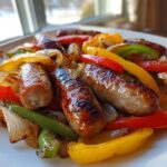 Close-up of browned sausages served with colorful roasted peppers and onions, showcasing Sheet Pan Sausage and Peppers.