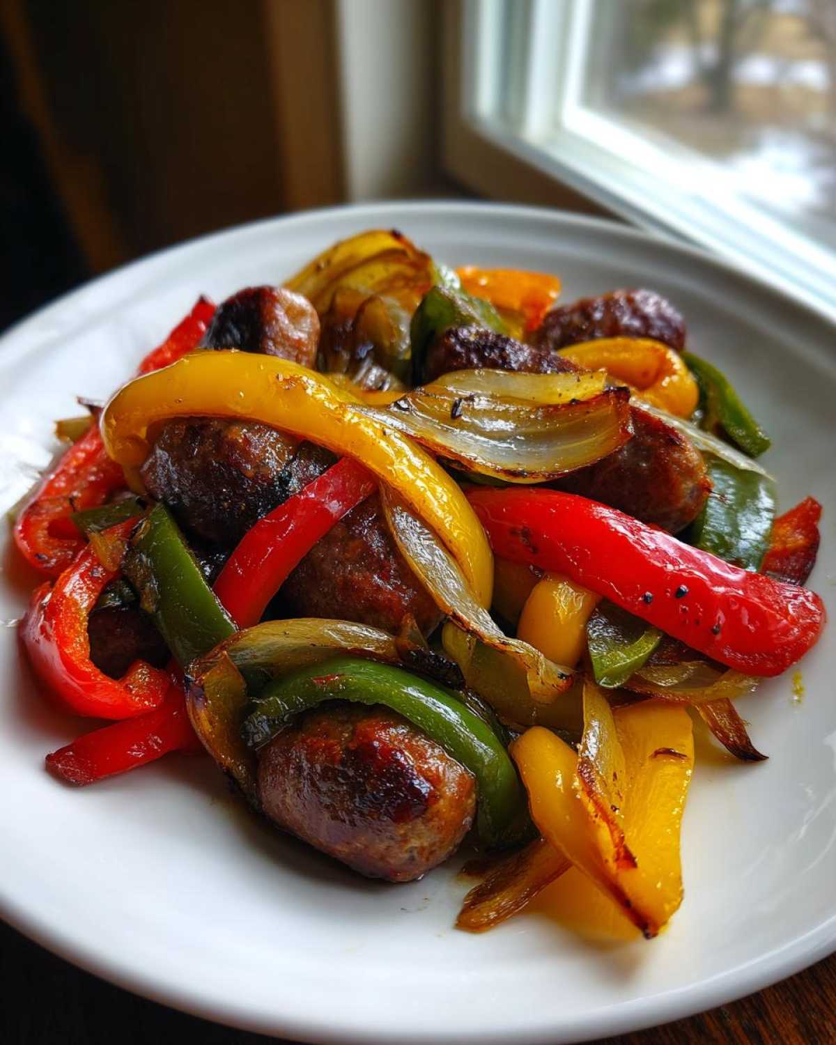 Close-up of browned sausage pieces mixed with roasted red, yellow, and green peppers and onions for Sheet Pan Sausage and Peppers.