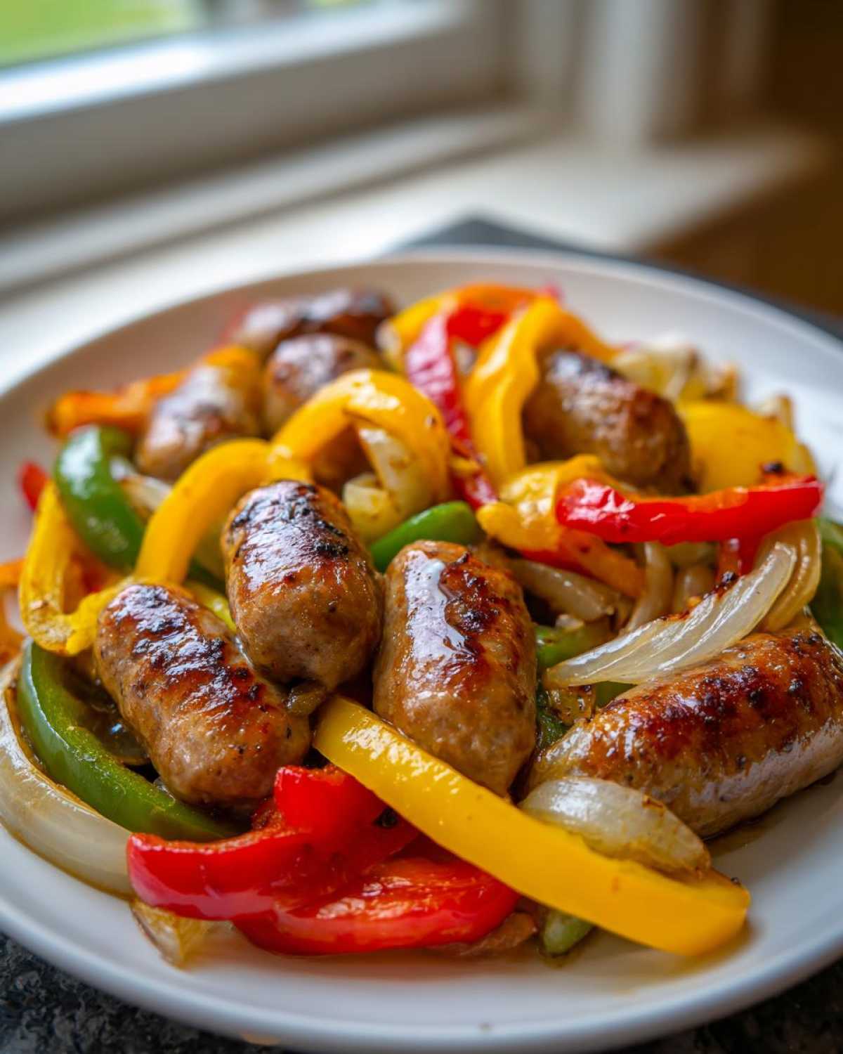Close-up of grilled sausage links mixed with colorful bell peppers and onions from the Sheet Pan Sausage and Peppers recipe.