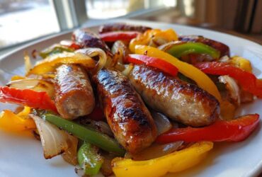 Close-up of browned sausages served with colorful roasted peppers and onions, showcasing Sheet Pan Sausage and Peppers.