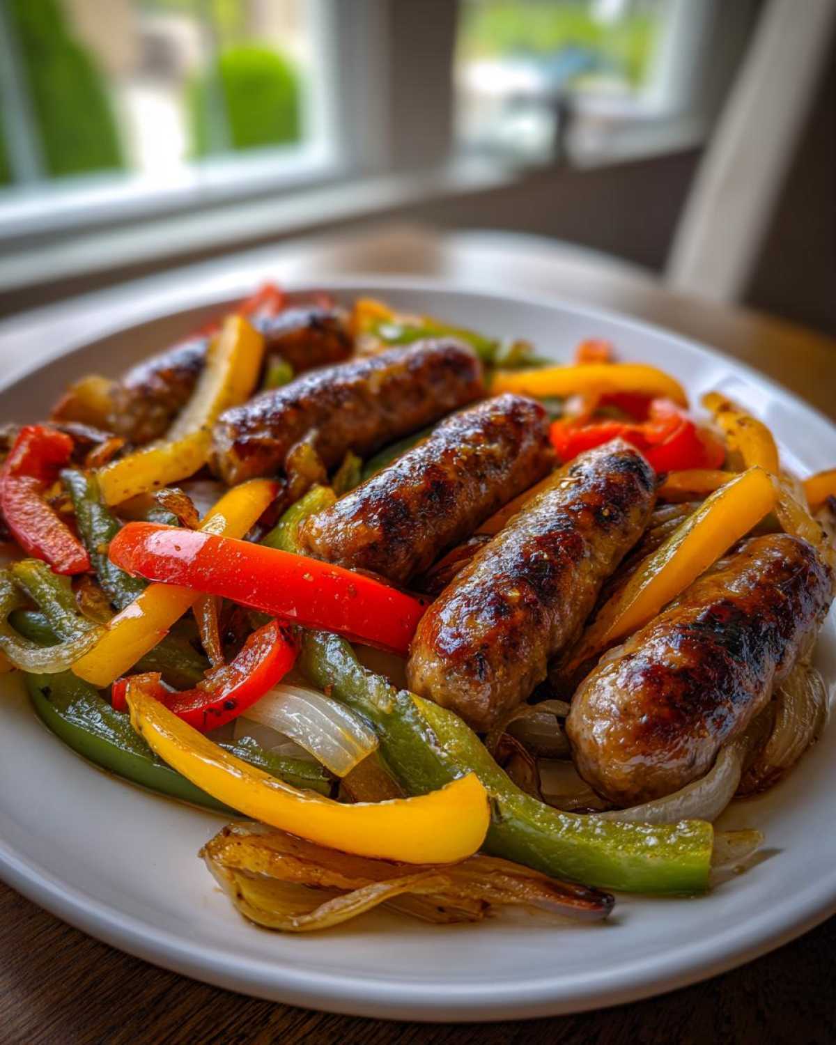 Close-up of grilled sausages served with colorful roasted peppers and onions from Sheet Pan Sausage and Peppers.