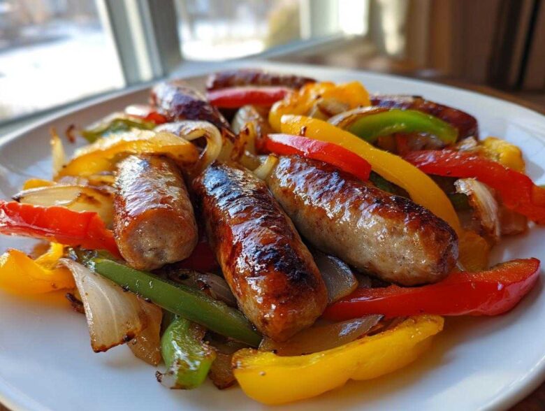 Close-up of browned sausages served with colorful roasted peppers and onions, showcasing Sheet Pan Sausage and Peppers.
