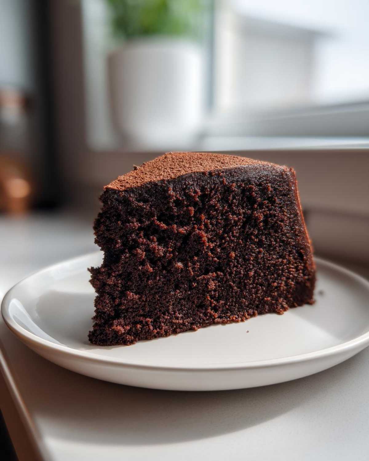A close-up of a moist slice of Gluten-Free Chocolate Cake dusted with cocoa powder, sitting on a white plate.