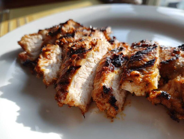 Close-up of sliced, grilled Copycat Chipotle Chicken showing char marks and juicy interior on a white plate.