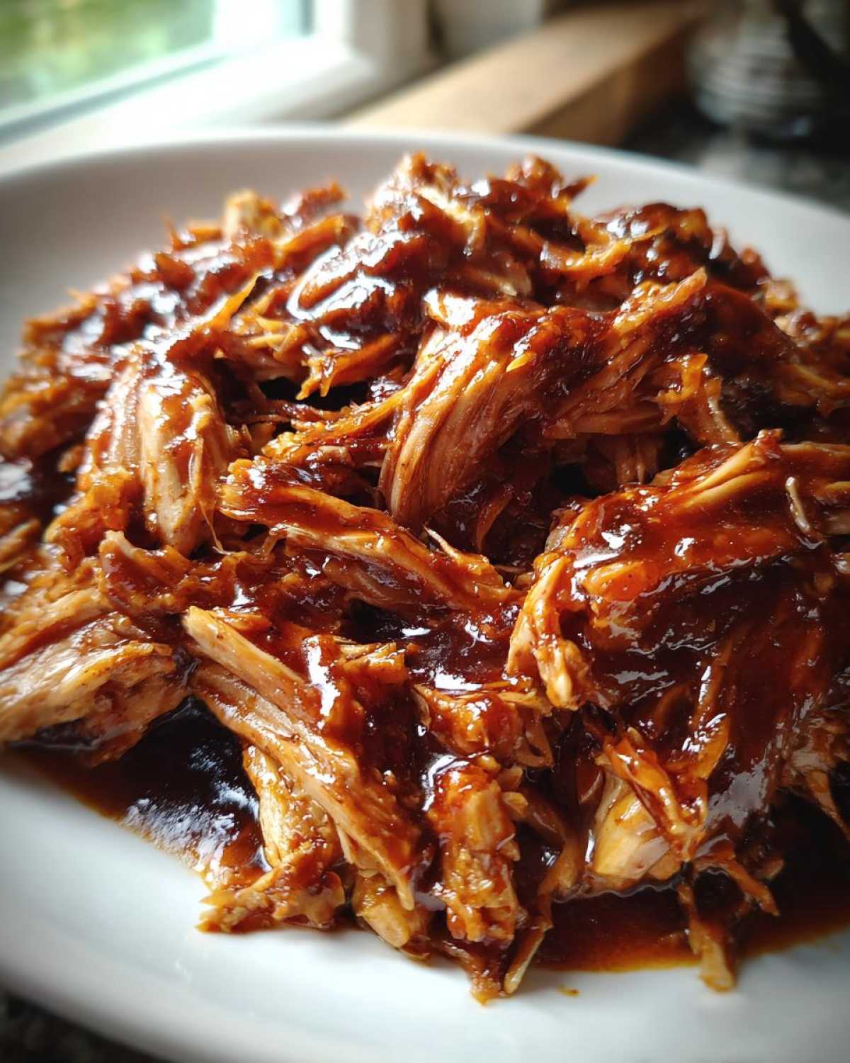 Close-up of tender, shredded Slow Cooker Honey Garlic Pulled Pork coated in a rich, glossy sauce.