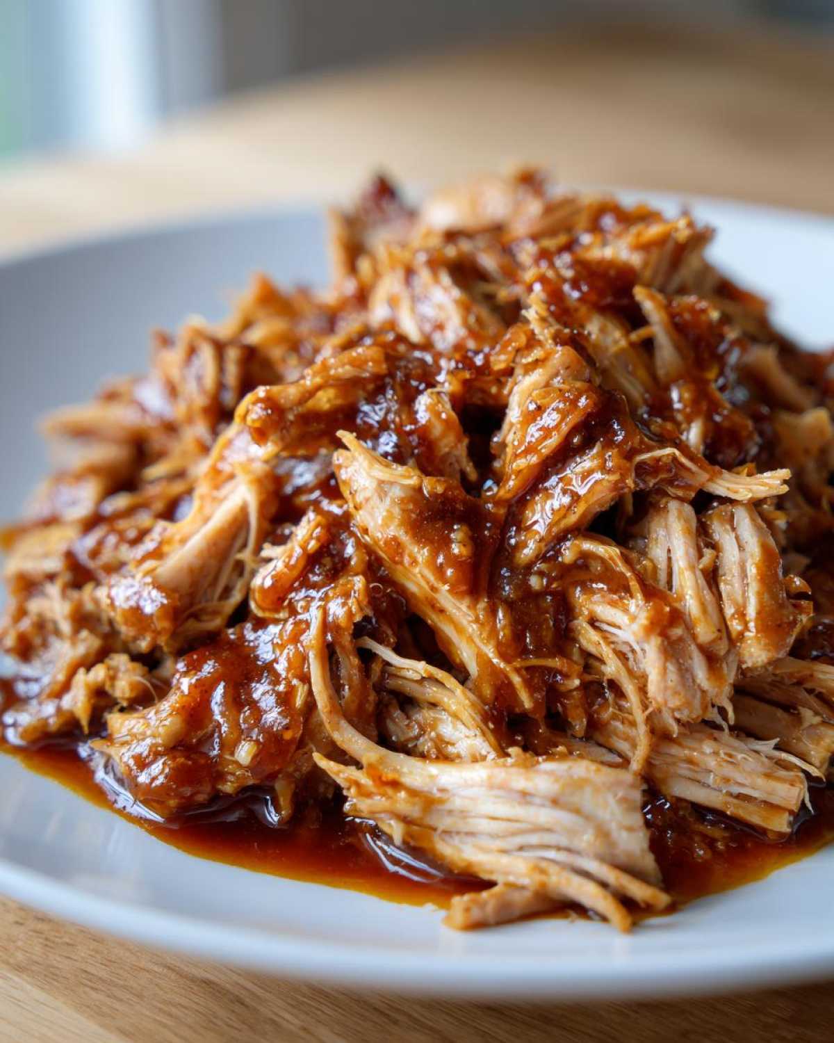 A close-up of shredded pork coated in a thick, glossy sauce, representing Slow Cooker Honey Garlic Pulled Pork.
