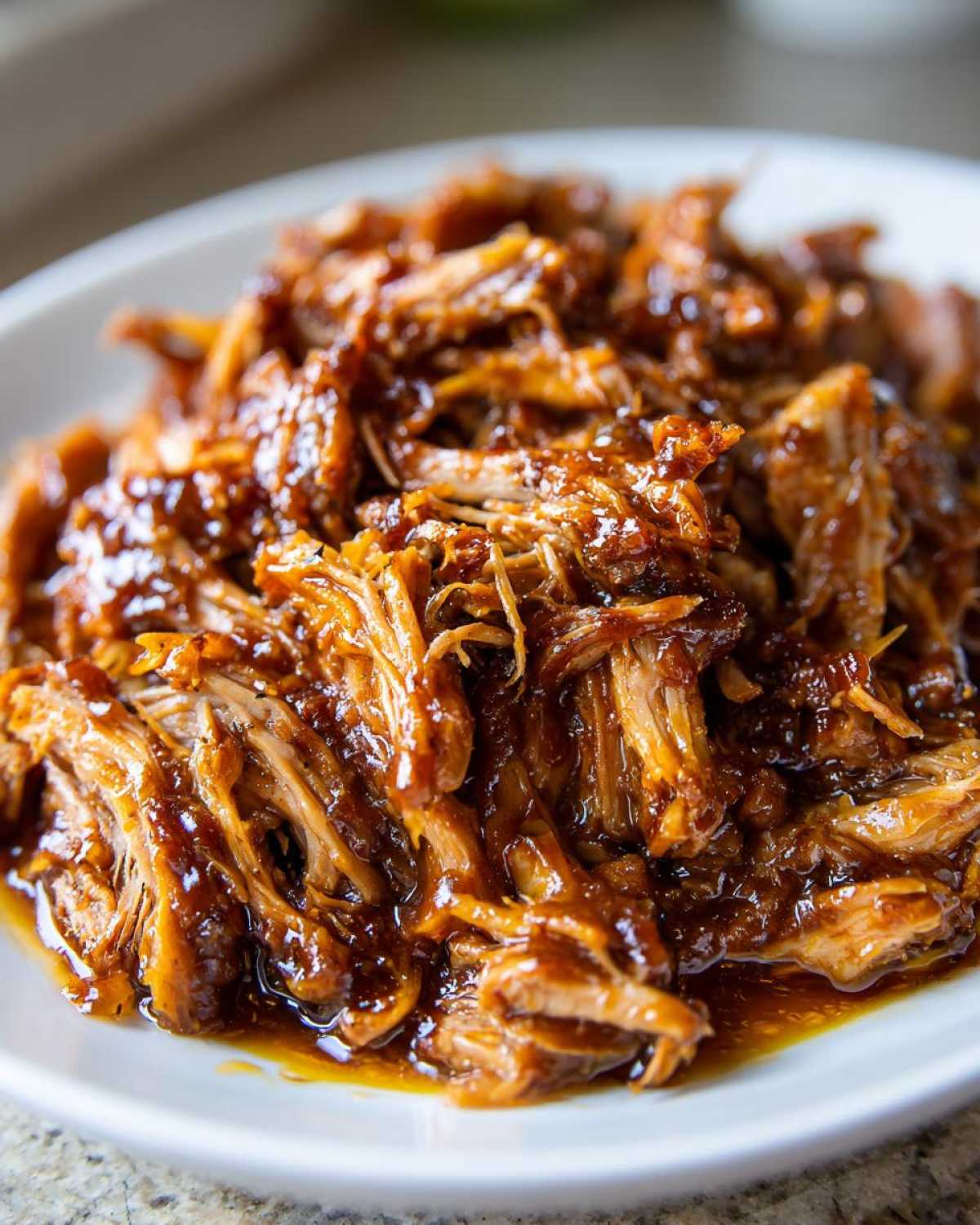 Close-up of shredded Slow Cooker Honey Garlic Pulled Pork coated in a rich, glossy sauce on a white plate.