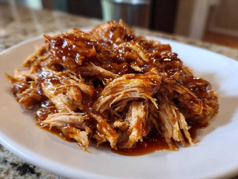 Close-up of tender, shredded Slow Cooker Honey Garlic Pulled Pork coated in a rich, glossy sauce on a white plate.