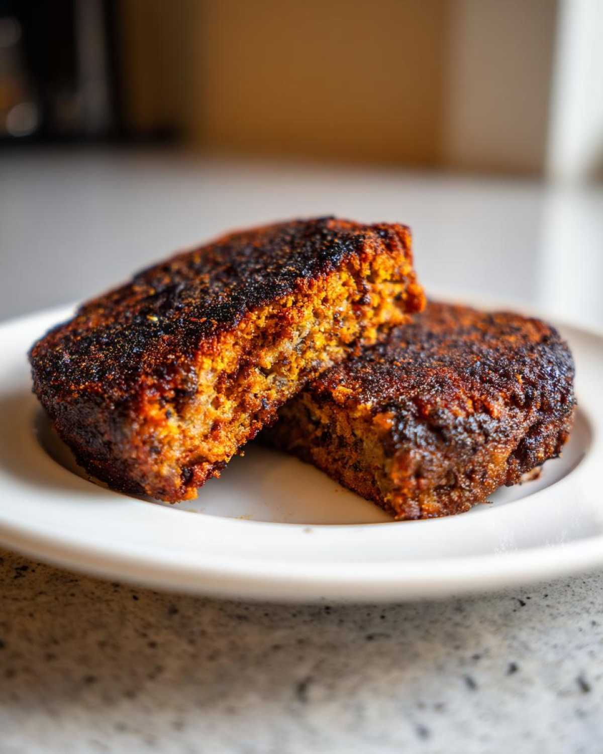 Close-up of a Smoky Black Bean Burger Patty cut in half, showing a firm, richly colored interior and a dark, seared exterior.