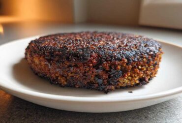 A single, firm Smoky Black Bean Burger Patty with a dark, crispy sear resting on a white plate.