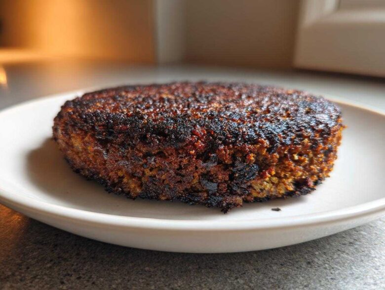 A single, firm Smoky Black Bean Burger Patty with a dark, crispy sear resting on a white plate.