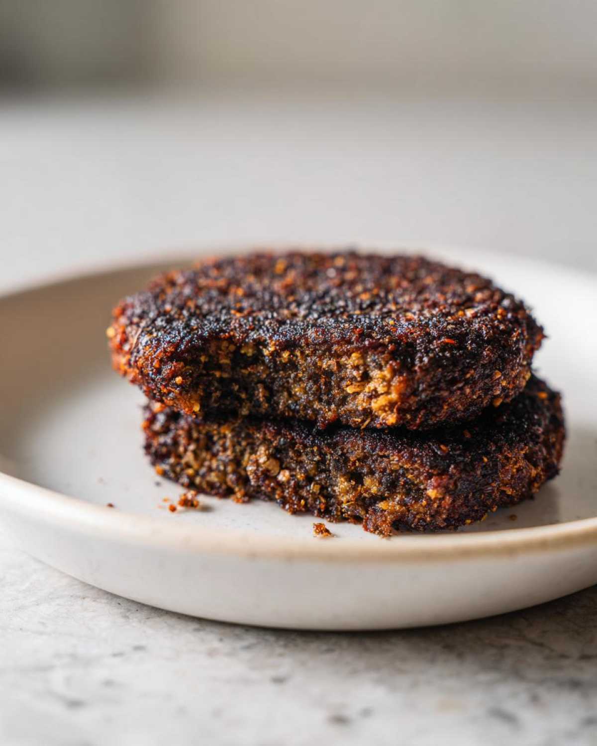 Close-up of two perfectly seared Smoky Black Bean Burger Patties stacked on a light ceramic plate.