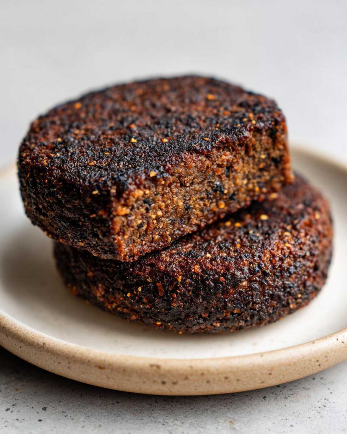 Two perfectly seared Smoky Black Bean Burger Patty halves stacked on a small ceramic plate.