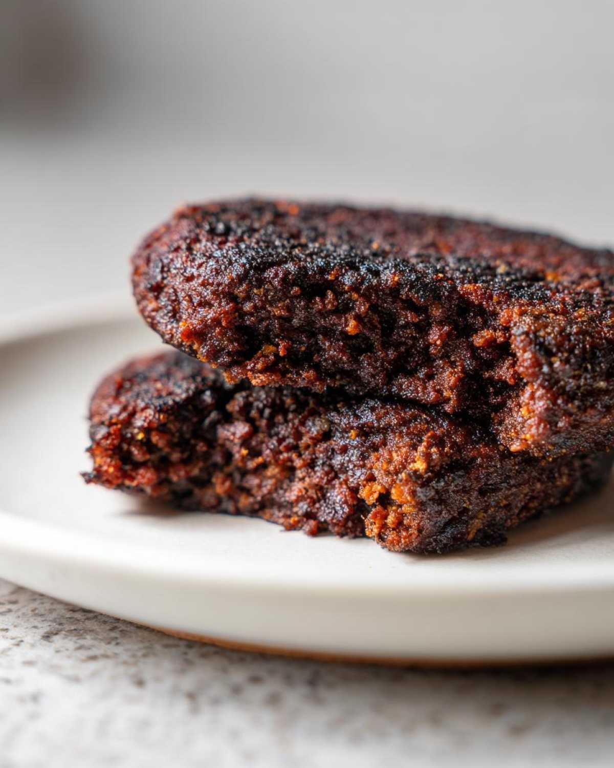 Close-up of two halves of a firm, dark Smoky Black Bean Burger Patty stacked on a white plate, showing the dense interior.