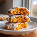Three Soft-Baked Carrot Cake Cookies with Cream Cheese Glaze stacked on a white plate, showing the moist interior.