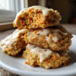 A stack of three Soft-Baked Carrot Cake Cookies topped with dripping cream cheese glaze on a white plate.