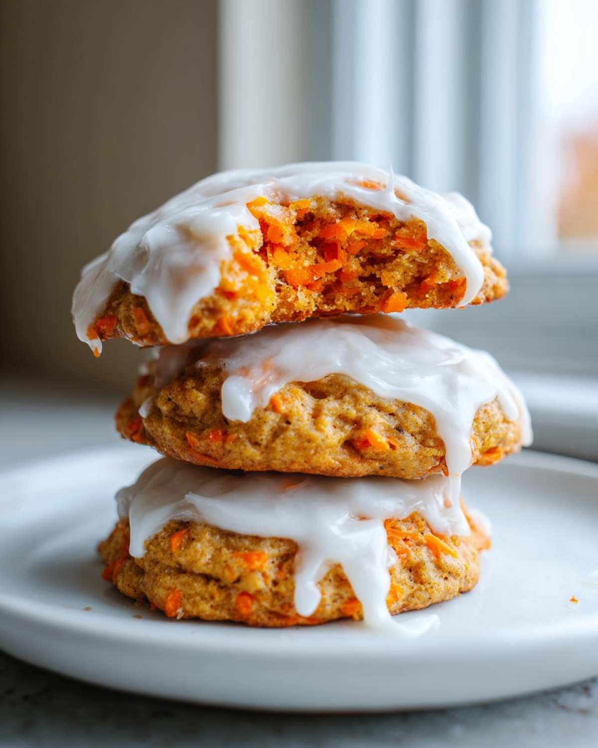 Three stacked Soft-Baked Carrot Cake Cookies generously topped with dripping cream cheese glaze.