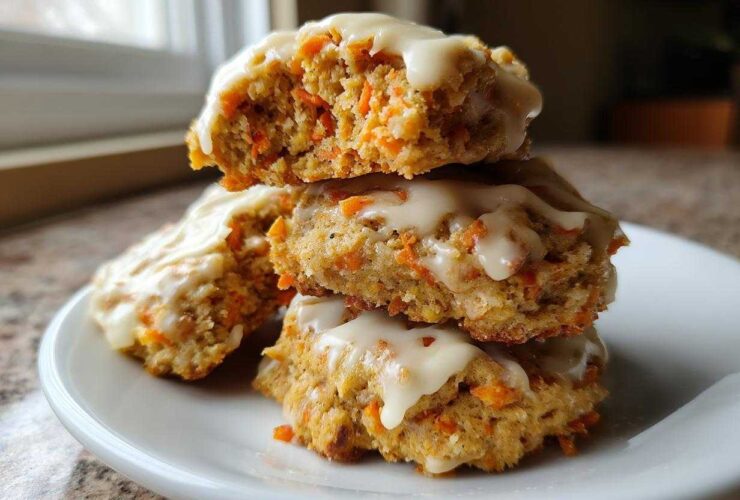 A stack of three Soft-Baked Carrot Cake Cookies topped with dripping cream cheese glaze on a white plate.