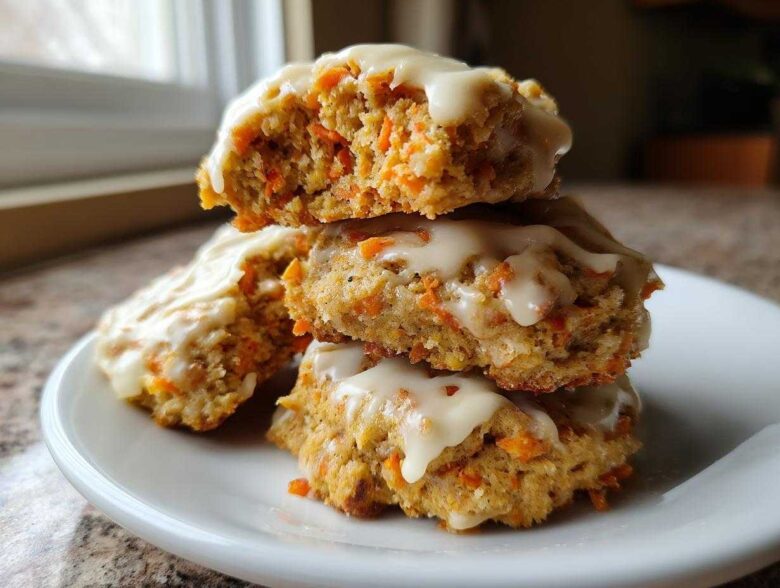 A stack of three Soft-Baked Carrot Cake Cookies topped with dripping cream cheese glaze on a white plate.