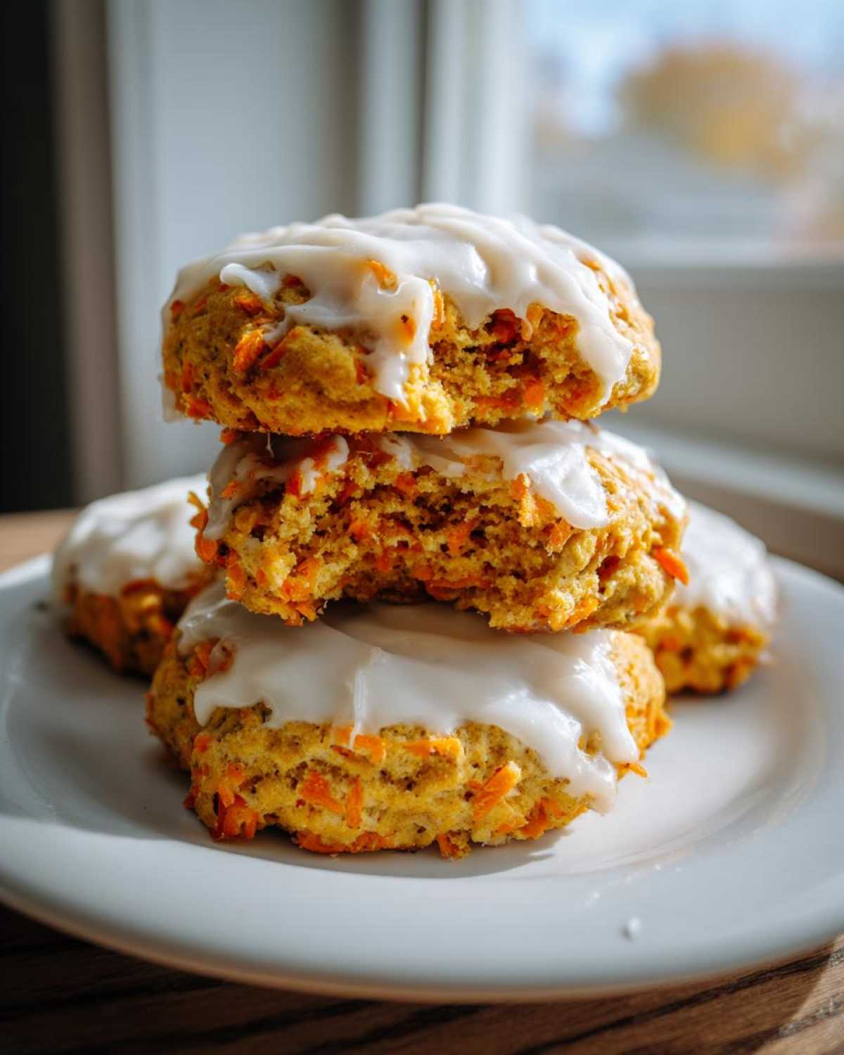 A stack of three Soft-Baked Carrot Cake Cookies topped with thick cream cheese glaze, one cookie is broken open.