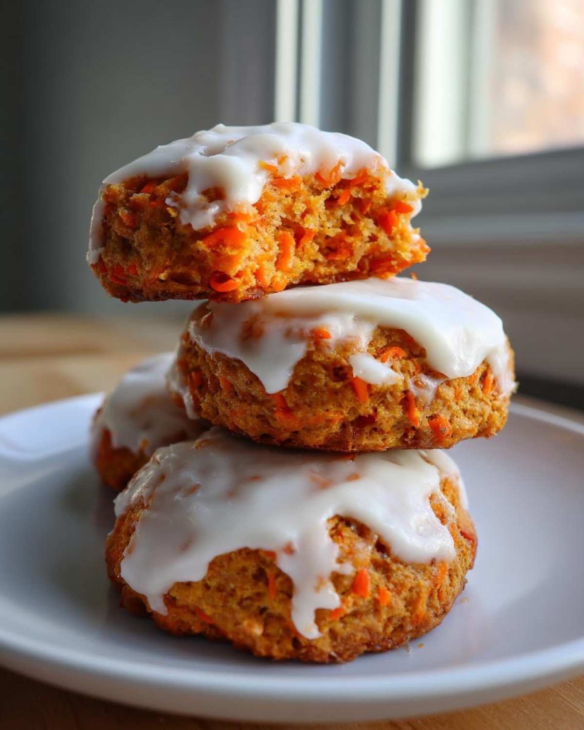 A stack of three Soft-Baked Carrot Cake Cookies topped with thick cream cheese glaze, one cookie broken open.