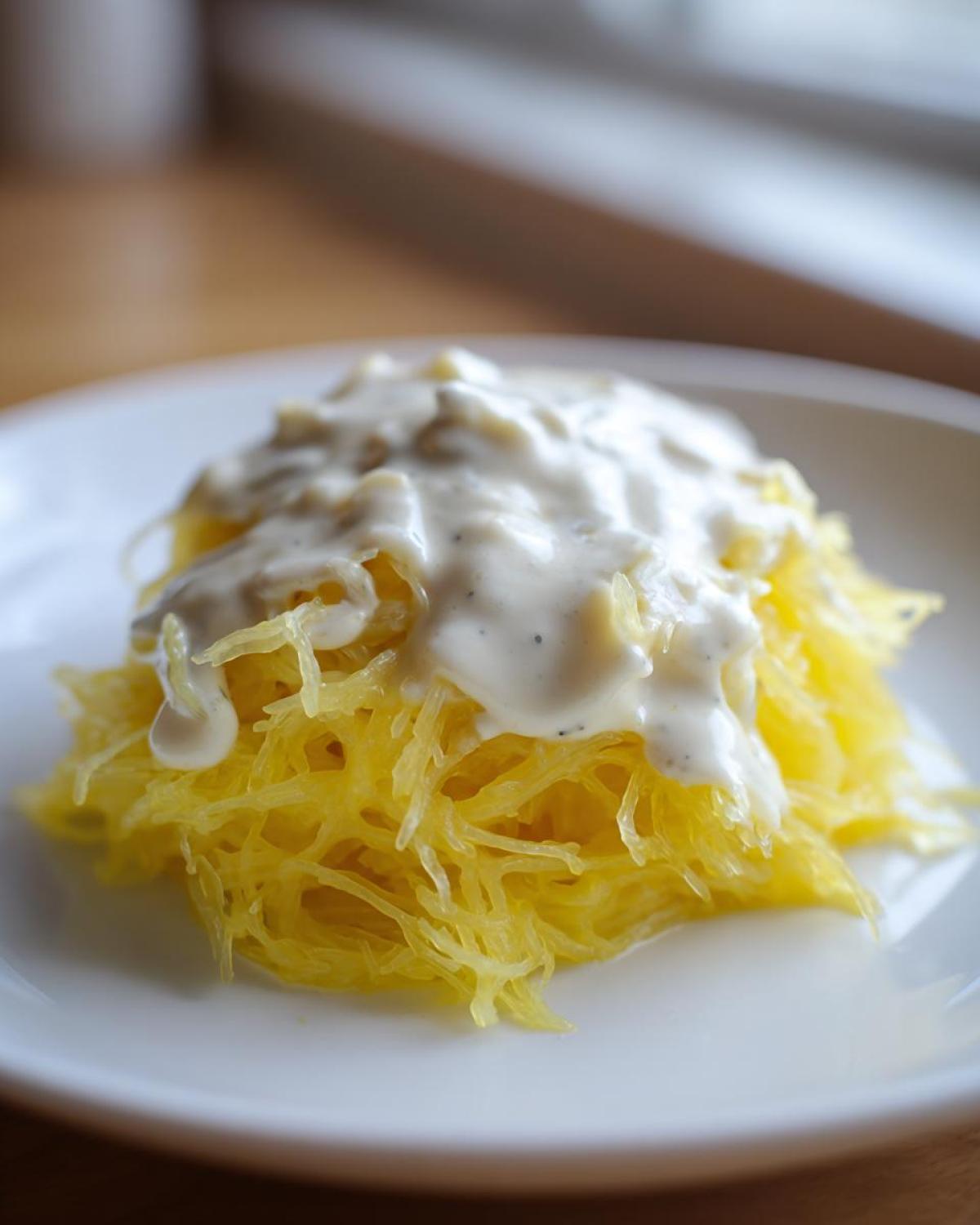 A close-up of bright yellow Spaghetti Squash Alfredo noodles topped with a thick, creamy white Alfredo sauce.
