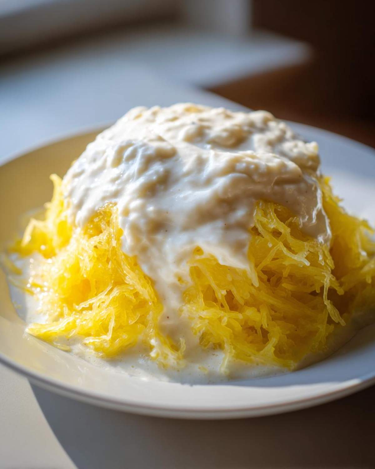 A mound of bright yellow spaghetti squash topped generously with creamy white Alfredo sauce.