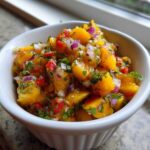 Close-up of a white bowl filled with bright, chunky Spicy Mango Salsa featuring mango, red onion, and cilantro.
