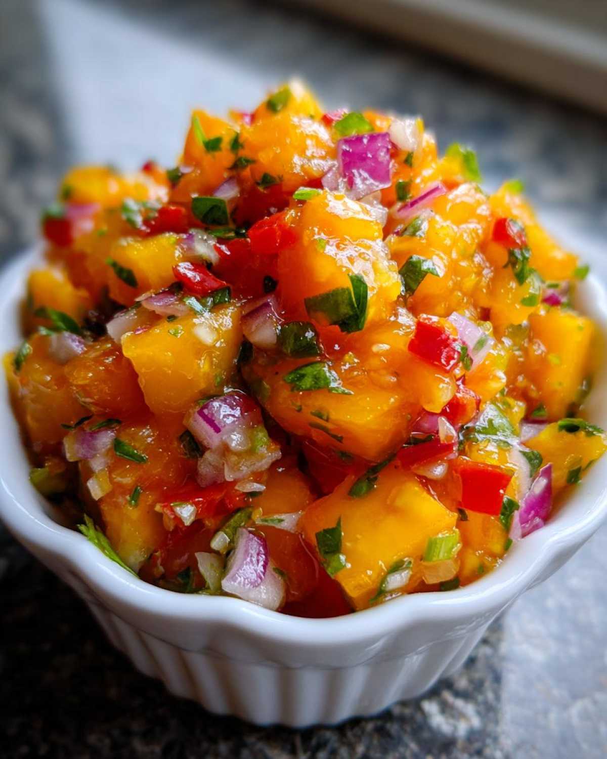 Close-up of vibrant Spicy Mango Salsa featuring diced mango, red onion, and peppers in a small white fluted bowl.