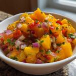 Close-up of vibrant Spicy Mango Salsa featuring diced mango, red onion, and cilantro in a white bowl.