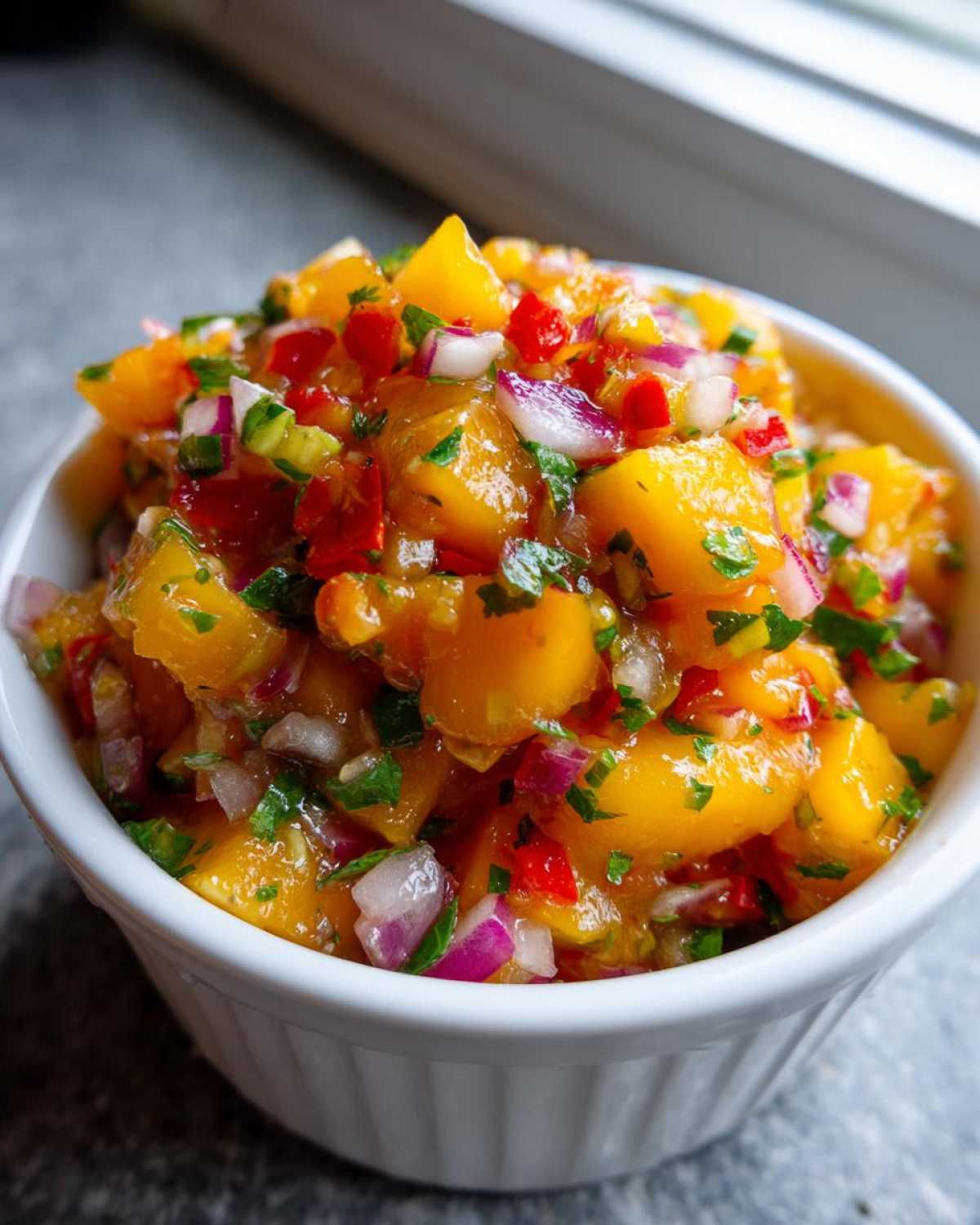 Close-up of vibrant Spicy Mango Salsa featuring diced mango, red onion, cilantro, and peppers in a small white ramekin.