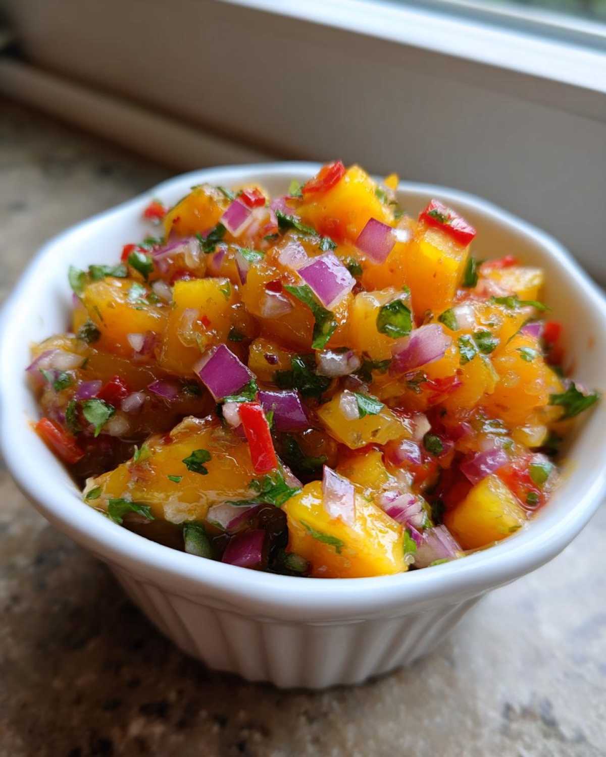 Close-up of vibrant Spicy Mango Salsa featuring diced mango, red onion, and chili peppers in a small white ramekin.
