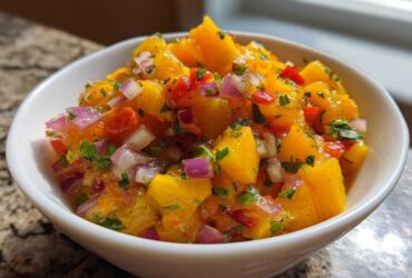 Close-up of vibrant Spicy Mango Salsa featuring diced mango, red onion, and cilantro in a white bowl.