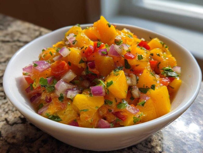 Close-up of vibrant Spicy Mango Salsa featuring diced mango, red onion, and cilantro in a white bowl.