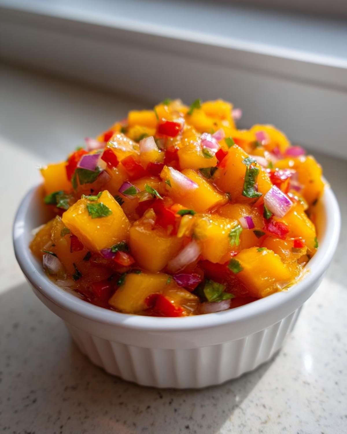 Close-up of vibrant Spicy Mango Salsa featuring diced mango, red onion, and peppers in a small white bowl.