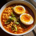 A close-up of Spicy Miso Ramen featuring wavy noodles in a rich red broth, topped with two halves of a soft-boiled egg and sliced green onions.