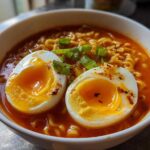 Close-up of Spicy Miso Ramen featuring wavy noodles in a rich broth, topped with two halves of soft-boiled eggs and green onions.