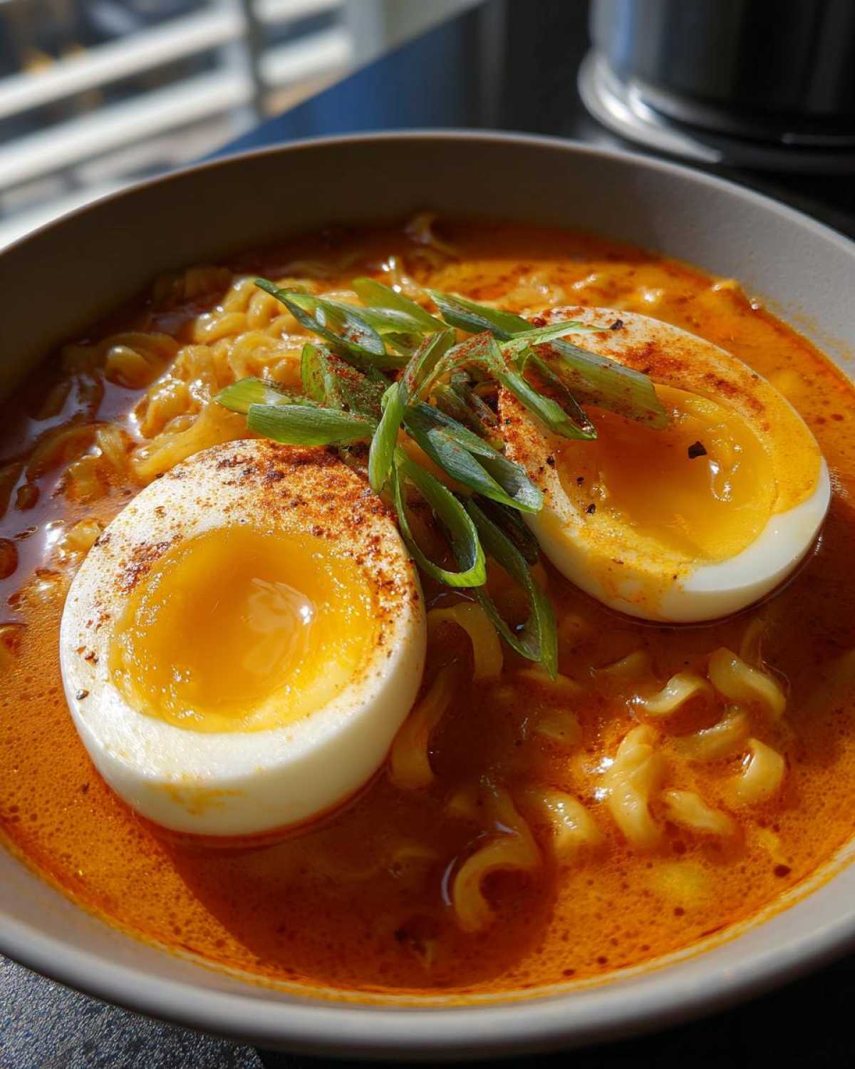 A close-up bowl of Spicy Miso Ramen featuring wavy noodles in a rich red broth, topped with two halves of a soft-boiled egg and green onions.