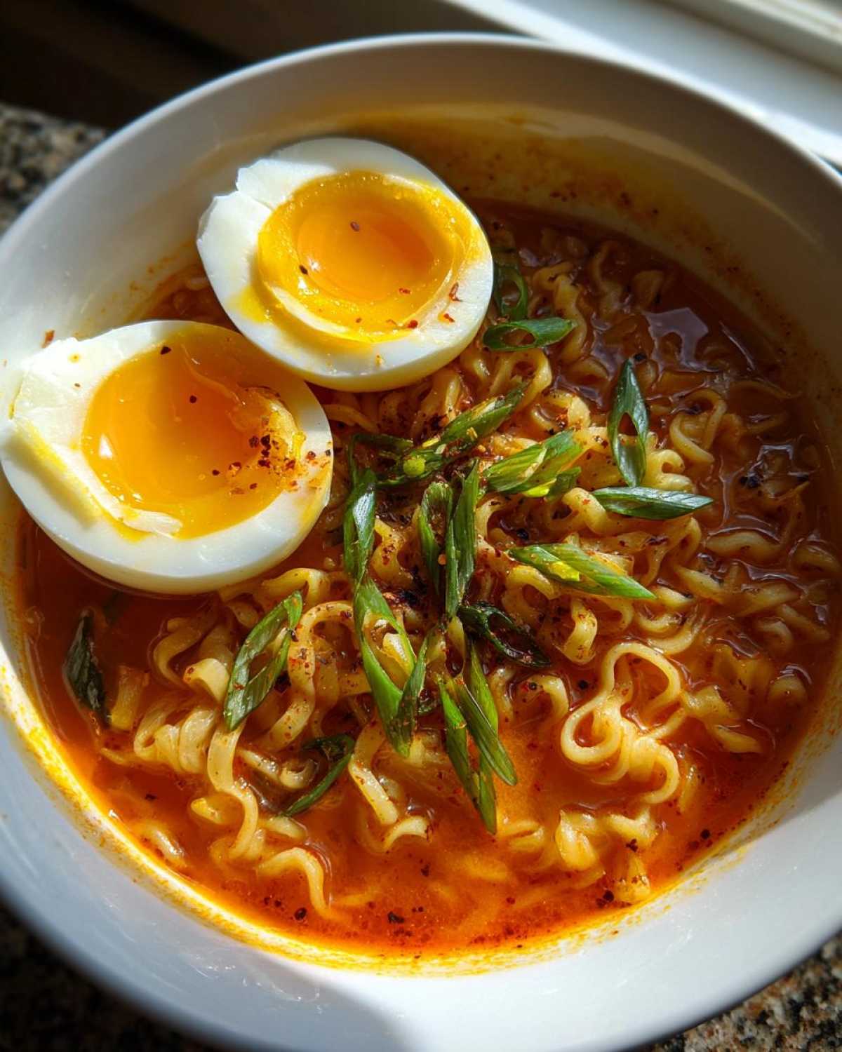 Close-up of Spicy Miso Ramen topped with two halves of a soft-boiled egg and sliced green onions.