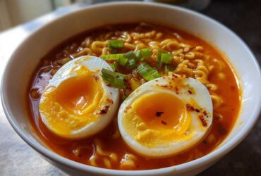 Close-up of Spicy Miso Ramen featuring wavy noodles in a rich broth, topped with two halves of soft-boiled eggs and green onions.