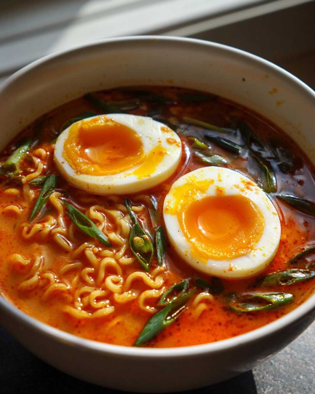 Close-up of Spicy Miso Ramen featuring wavy noodles, rich red broth, and two halves of a soft-boiled egg.